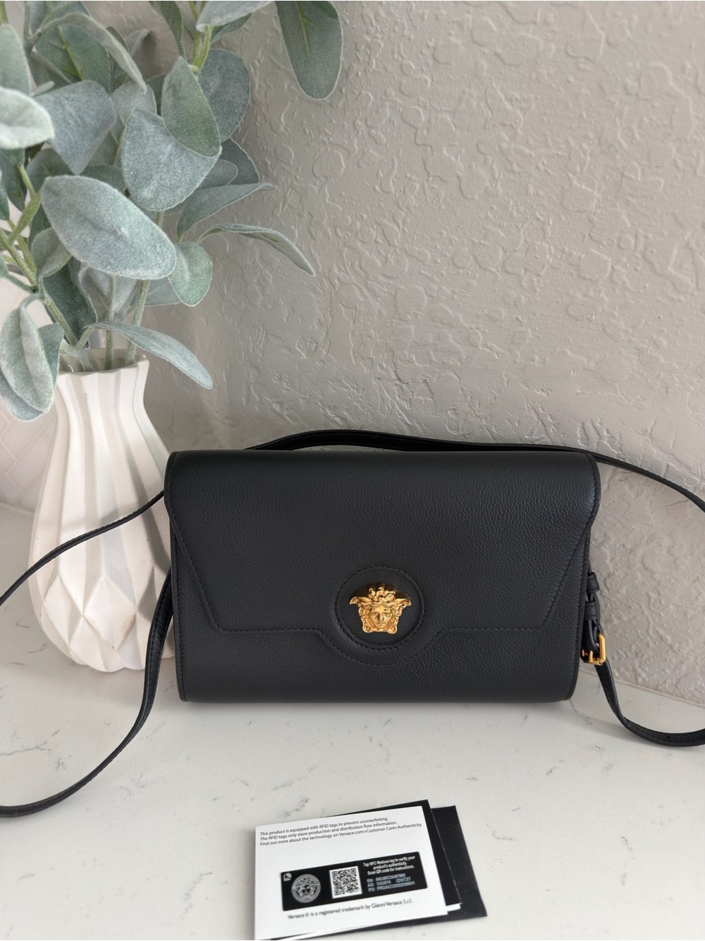 Versace Black Leather Crossbody Bag with Gold Medusa